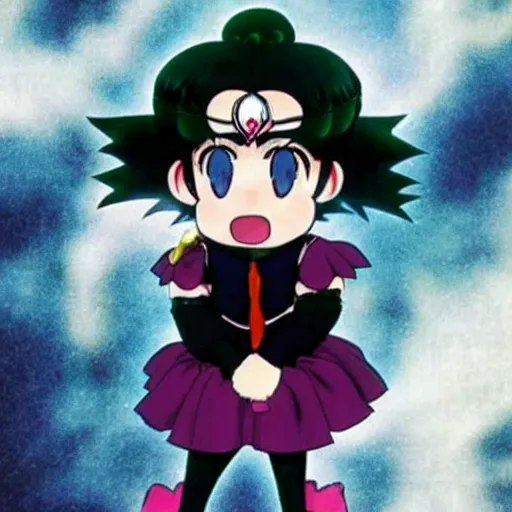 Prompt: Danny DeVito wearing goth emo Sailor Moon cosplay, anime still, hd, 90s anime
