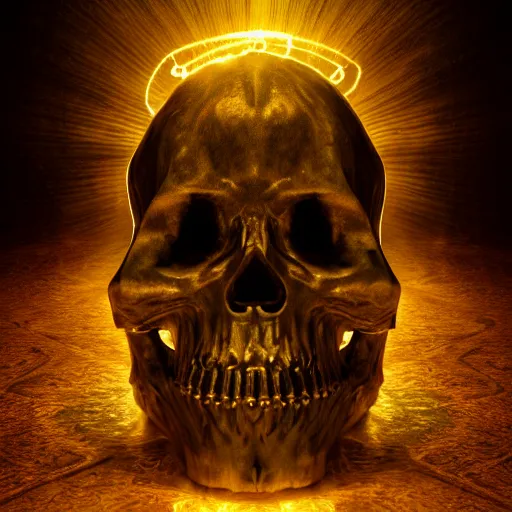 Image similar to chiaroscuro baroque still life octane render of a ray of god light shining on golden skull with head completely covered in engraved ancient runic inscriptions prophecies, spells, dark ominous background.