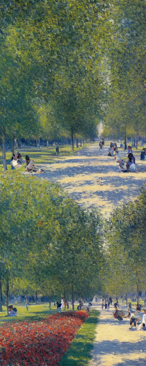 Image similar to a beautiful boulevard in full bloom, people on a picnic, noon, Gustave Caillebotte, artstation, 8k