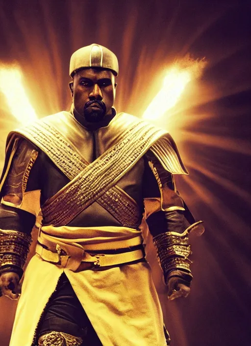 Image similar to kanye west as emperor napoleon in mortal kombat, splash art, movie still, cinematic lighting, dramatic, octane render, long lens, shallow depth of field, bokeh, anamorphic lens flare, 8 k, hyper detailed, 3 5 mm film grain