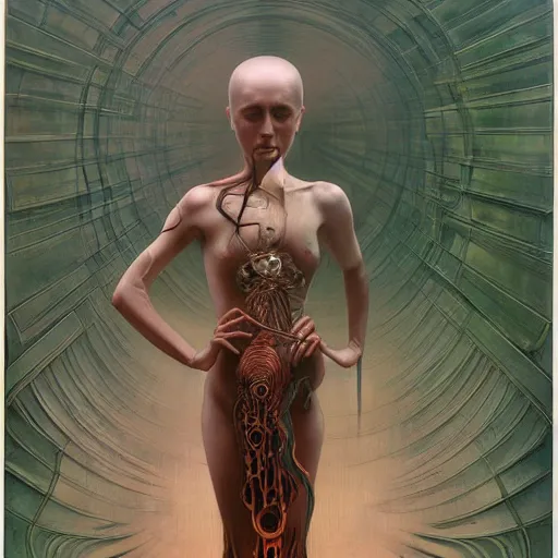 Prompt: android by zdzisław beksinski, iris van herpen, raymond swanland and alphonse mucha. highly detailed, hyper - real, beautiful