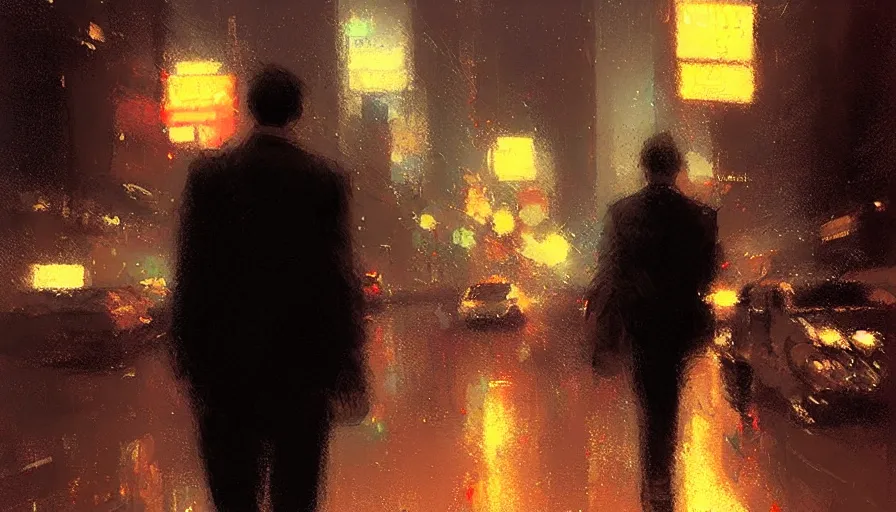 Prompt: symmetrical! portrait of a tired man walking in a big city at night by craig mullins, atmospheric, vivid, masterpiece, bokeh, messy