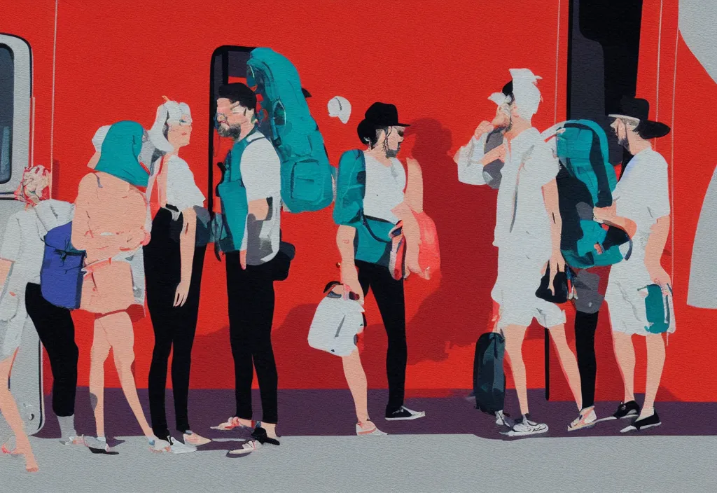 Image similar to full body portrait of a trio of european tourists getting off a tour bus for sightseeing, character designs painting, in the style of wes anderson, jules julien, lola dupre, isolated on white background, dark monochrome neon spraypaint accents volumetric octane render