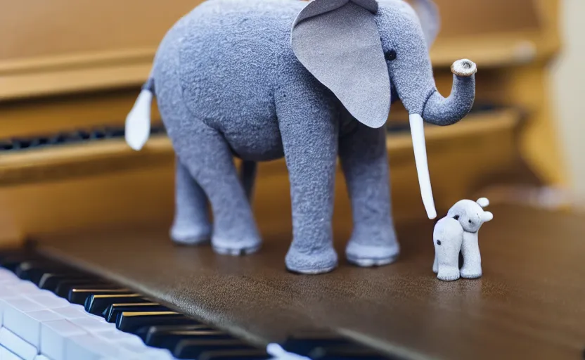 Prompt: cute elephant toy sitting on top of a piano, 33mm, 4k