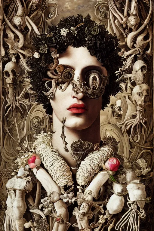 Image similar to Detailed maximalist portrait a greek god with large lips and with large white eyes, exasperated expression, botany bones, HD mixed media, 3D collage, highly detailed and intricate, surreal illustration in the style of Caravaggio, dark art, baroque