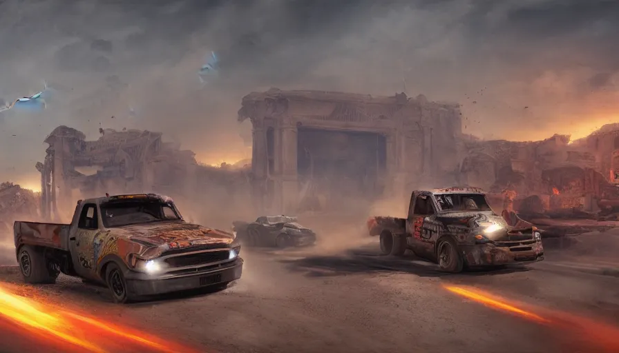 Image similar to truck racing in las vegas's ruins, sandstorm, lightning, fire, hyperdetailed, artstation, cgsociety, 8 k