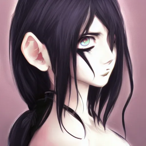 Image similar to front-facing headshot of a young gothic anime woman with black hair and golden highlights, wearing pretty makeup, drawn by WLOP, by Avetetsuya Studios, anime drawing, trending on artstation