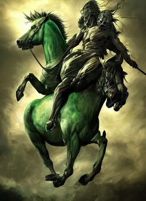 Prompt: the singular horseman of the apocalypse is riding a strong fierce ferocious undead green stallion, horse is up on its hind legs, the strong male rider is death with a scithe, beautiful artwork by artgerm and rutkowski, breathtaking, beautifully lit, dramatic