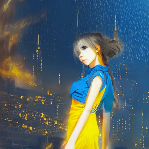 Image similar to anime ukrainian girl, in blue and yellow clothes, watching explosions in big city, concept art, trending on artstation, highly detailed, intricate, sharp focus, digital art, 8 k