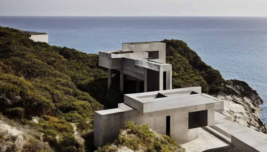 Prompt: coastal perched on a cliff overlooking a magnificient bay, brutalism architecture, drawing architecture, pritzker architecture prize, greig fraser