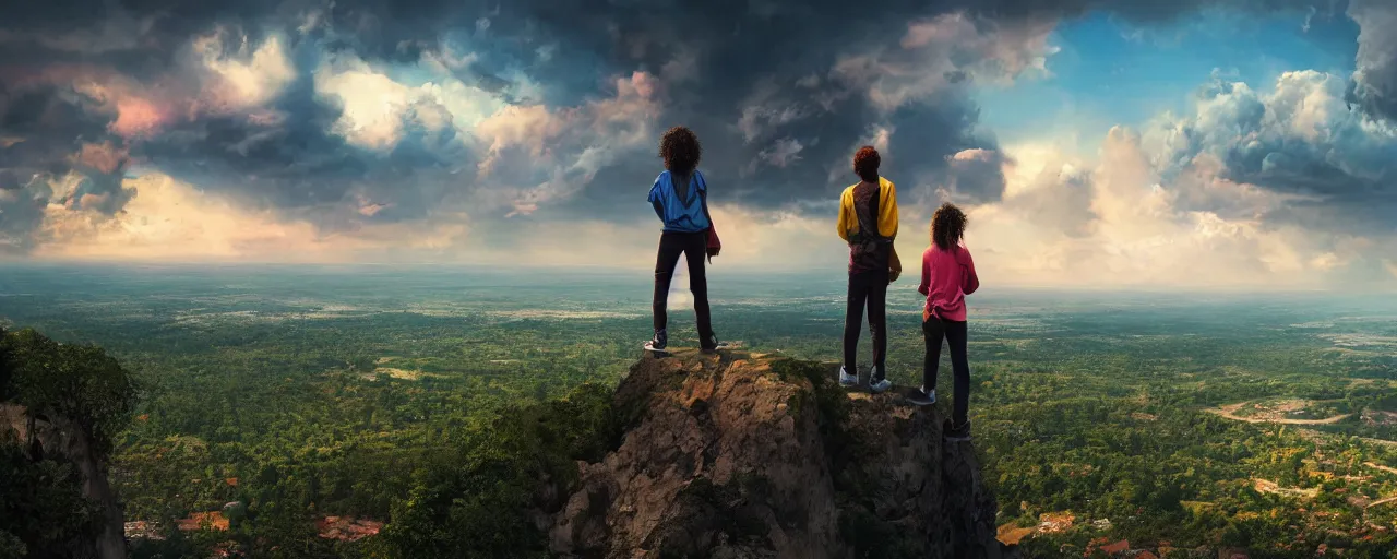 Image similar to Colorful dramatic puffy clouds, 3 Inner city teens standing on the edge of a cliff overlooking a forest, Glowing city on the horizon, matte painting, concept art, 4K