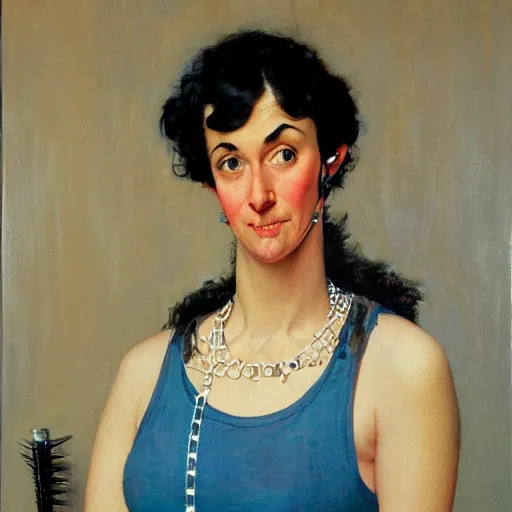 Prompt: Front portrait of an amused woman with black hair and ice blue eyes, wearing a spiked necklace and an orange tank top. A painting by Norman Rockwell.