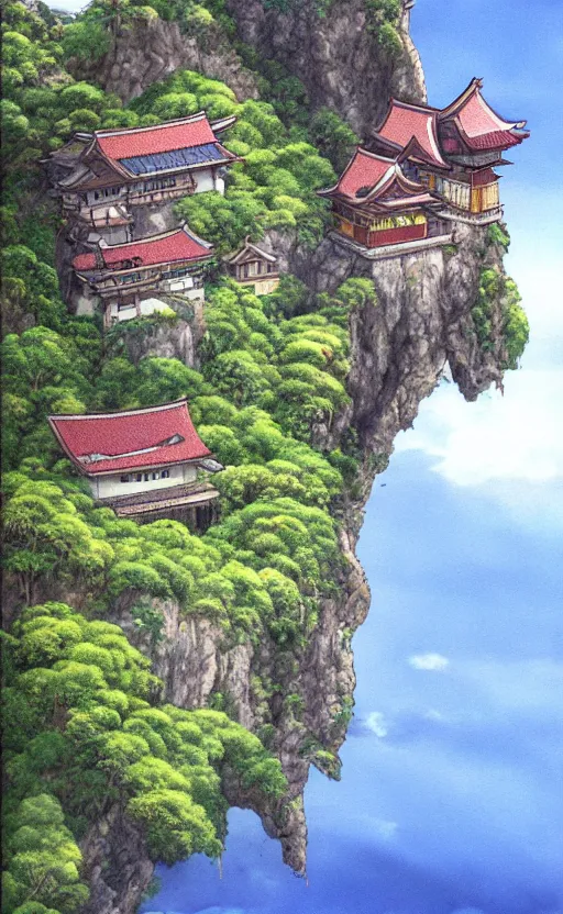 Image similar to amazing detailed photorealistic painting of a house hanging off a cliff edge. japan. studio ghibli. hd. hq