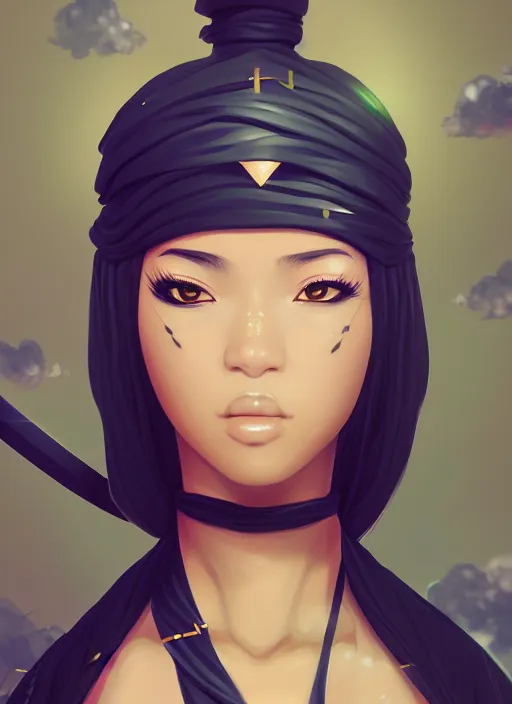 Prompt: attractive female portrait of african ninja, realisitic, cloud background, full - frame, rule of thirds, uplight, intricate, symmetrical!!, anime, prism highlights, depth of field, cinematic, filmic, vsco, concept art, artstation, digital painting, elegant, epic, focus