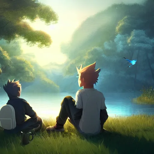 Image similar to a silver dragon and a boy sitting together next to a lake watching firefly at night in forest, concept art, dof, cryengine, digital art, detailed background, makoto shinkai