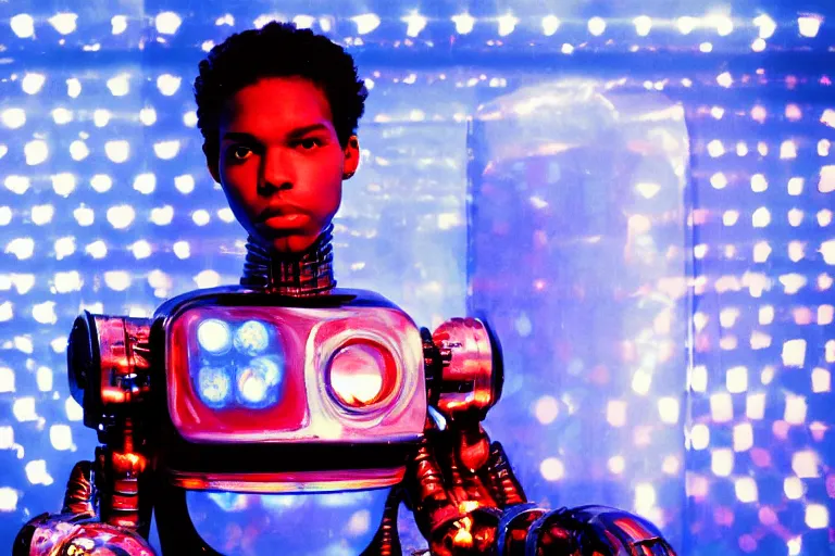 Prompt: beautiful robot sitting on a starry blue couch, from 1985, bathed in the glow of a crt television, water in background, low-light photograph, in style of Tyler Mitchell