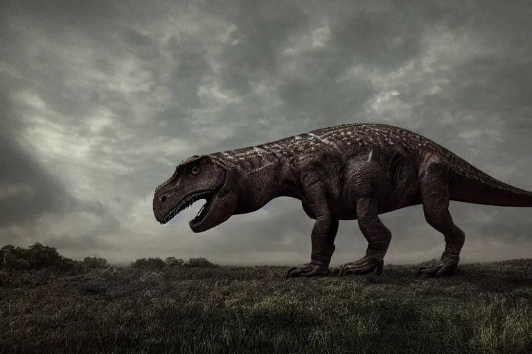 Image similar to Realistic photograph of a tired dinosaur standing in the distance in the style of Dark Naturalism, Jungle Grunge, twilight, glows, detailed, studio quality, hd image,