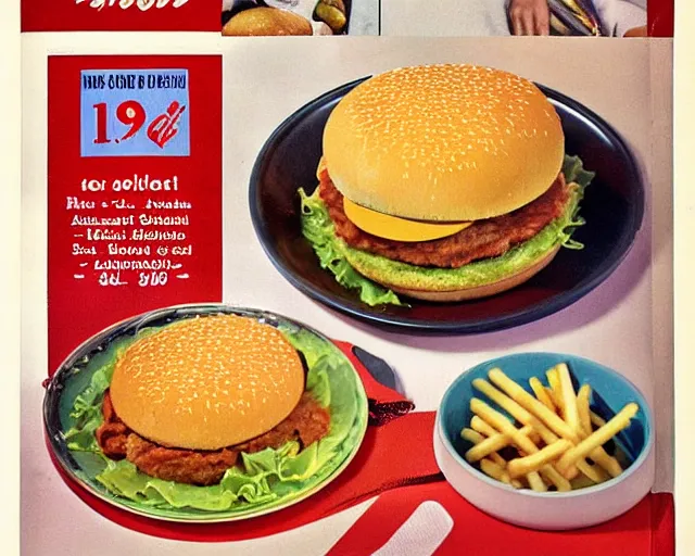 Image similar to 1970's cookbook color photograph of a big Mac with side of fries sharp detail high detail