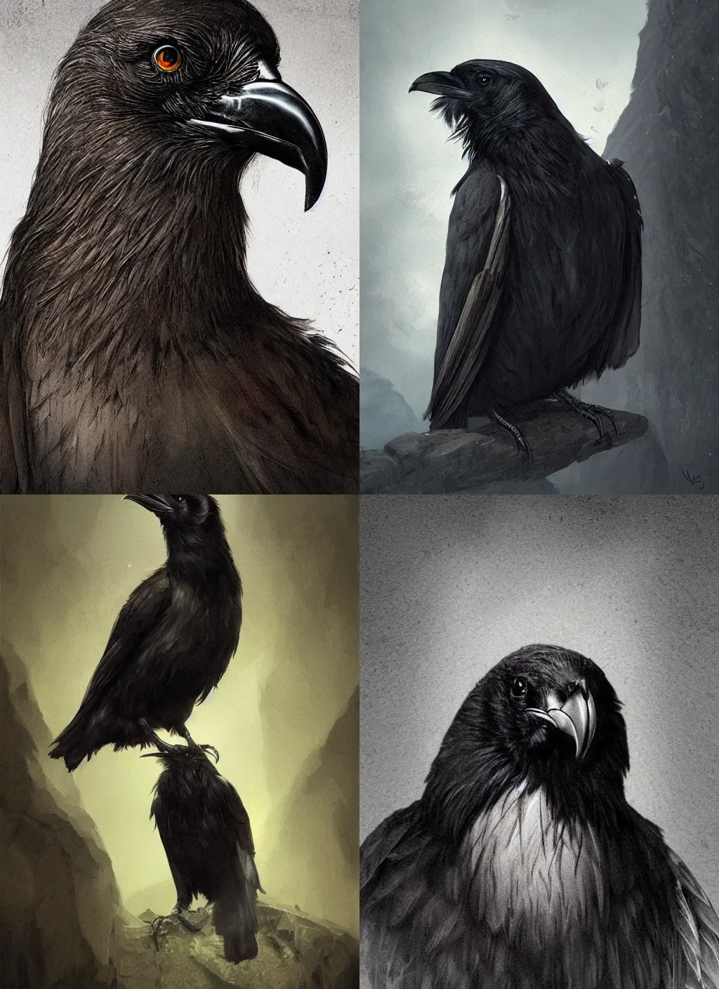 Prompt: portrait of a gentle and wise raven with long feathers in alan lee and marc simonetti and emil melmoth style , cinematic lighting