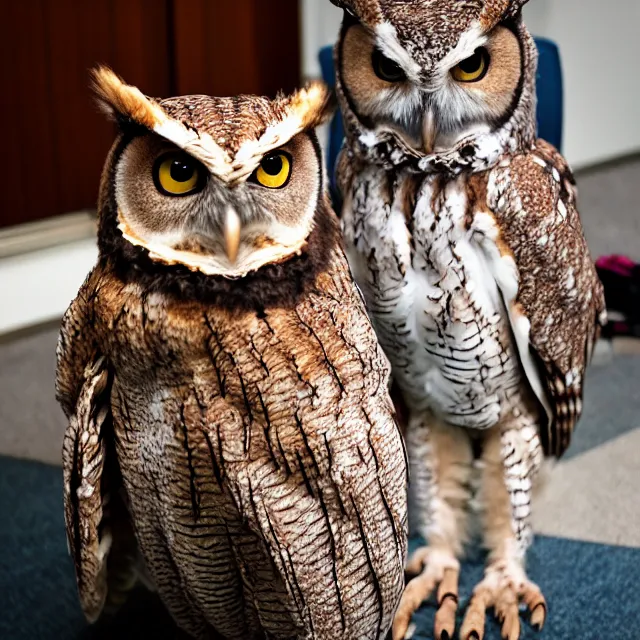 Prompt: a person wearing a fursuit of a screech owl fursona, fursona, furry convention, hotel lobby, indoors, photograph, furry fandom, photorealistic,