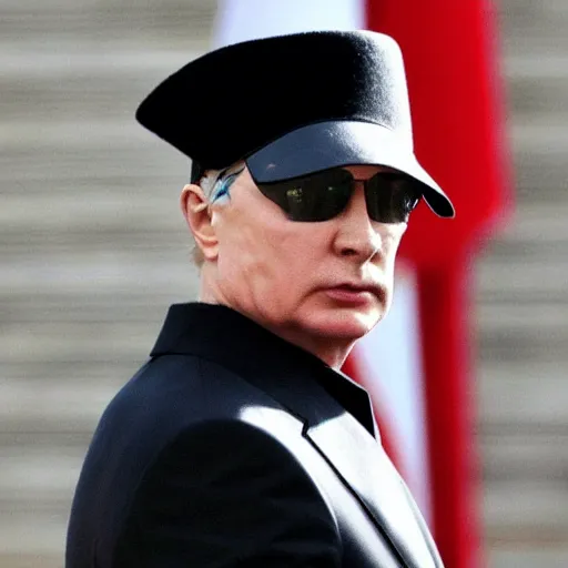 Prompt: putin wearing a black leather hat, front view, cool looking