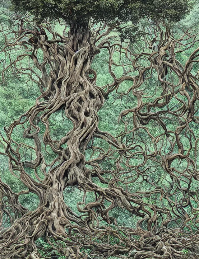 Image similar to an ancient tree with gnarled roots on a hill, there are rivulets of water running down and a maze on the ground by james jean and pascal blanche