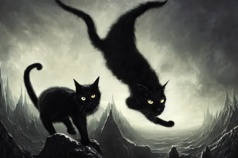 Prompt: artstation concept of a black cat as the dark lord sauron fighting a war against humans, dark mordor background, evil and dark, hyperdetailed, artstation trending, world renowned artists, worth1000.com, historic artworks society, antique renewel, cgsociety, by greg rutkowski, by Gustave Dore, Deviantart