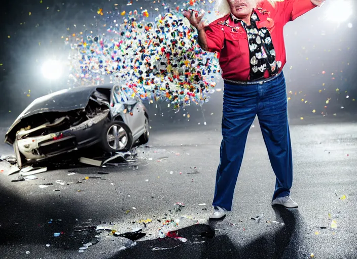 Image similar to photo still of rip taylor at a car accident scene!!!!!!!! at age 5 4 years old 5 4 years of age!!!!!!! throwing confetti from a bucket, 8 k, 8 5 mm f 1. 8, studio lighting, rim light, right side key light