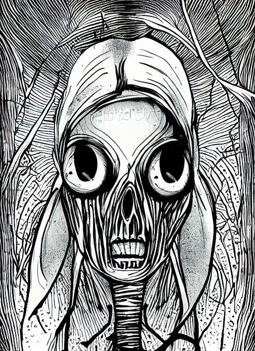 Image similar to a creepy alien, spooky halloween theme, illustration line art style