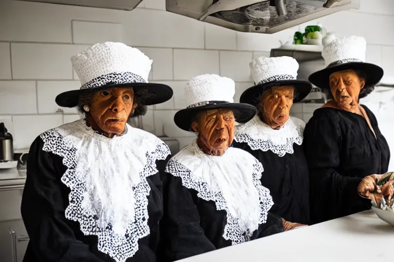 Prompt: close up of three old women from brittany with hats in white lace and black folk costumes in a kitchen. they look visibly angry