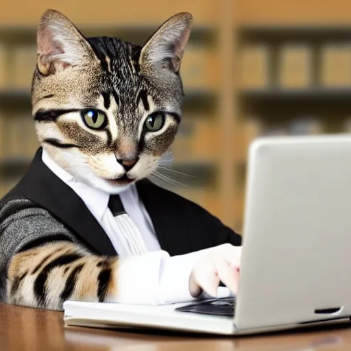 Image similar to realistic photo of an anthropomorphic cat wearing a business suit using a computer in an office