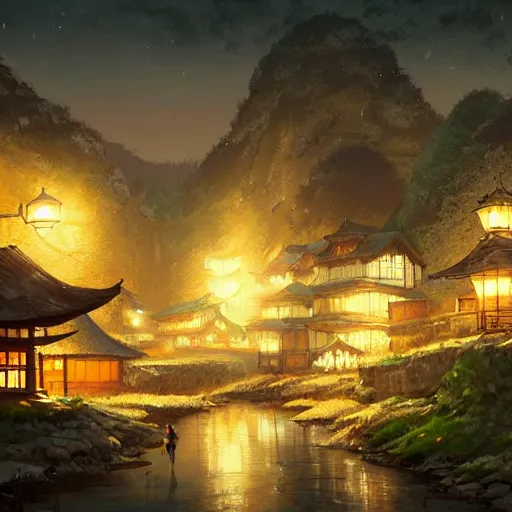 Image similar to concept art painting of a cozy village at night in a mountainous forested valley, historic european and japanese architecture, realistic, detailed, cel shaded, in the style of makoto shinkai and greg rutkowski and james gurney