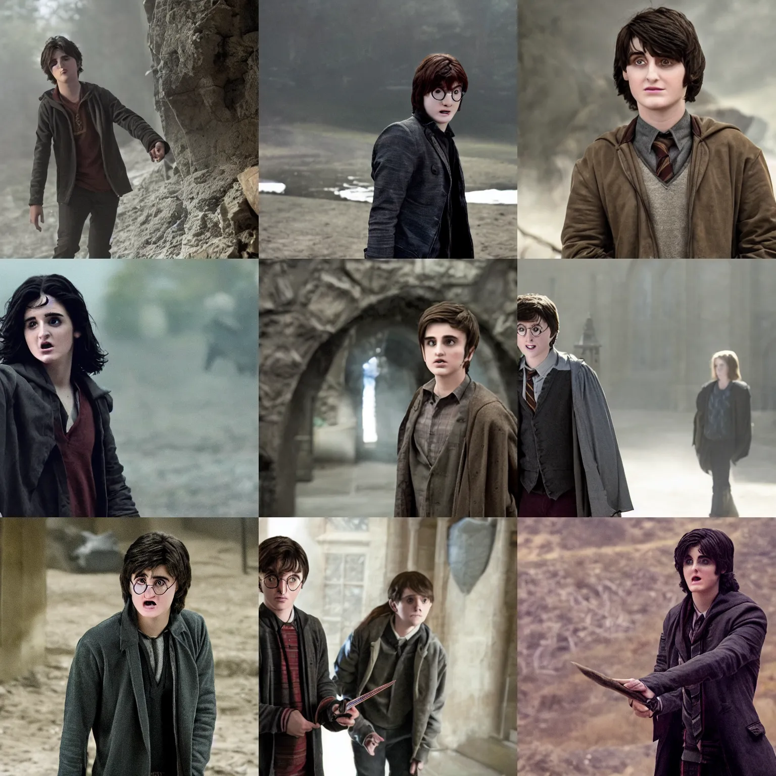 Prompt: movie still of kyle jenner as harry potter in the deathly hallows directed by david yates