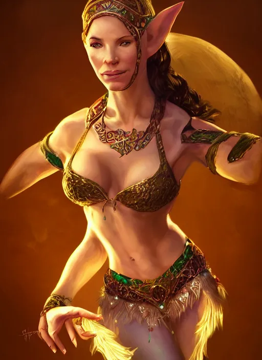 Image similar to a highly detailed illustration of Evangeline Lilly as an elegant elf arabian dancer, gracefully belly dancing pose, intricate, elegant, highly detailed, centered, digital painting, artstation, concept art, smooth, sharp focus, league of legends concept art, WLOP