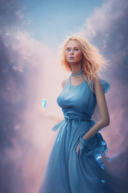 Image similar to detailed portrait of a beautiful blonde haired woman with sparkling blue eyes, elegant, blue cotton dress, background is a fountain in the park, in the style of peter mohrbacher, artgerm, dramatic lighting and composition, pink fog background, octane render, trending on artstation, concept art 8 k