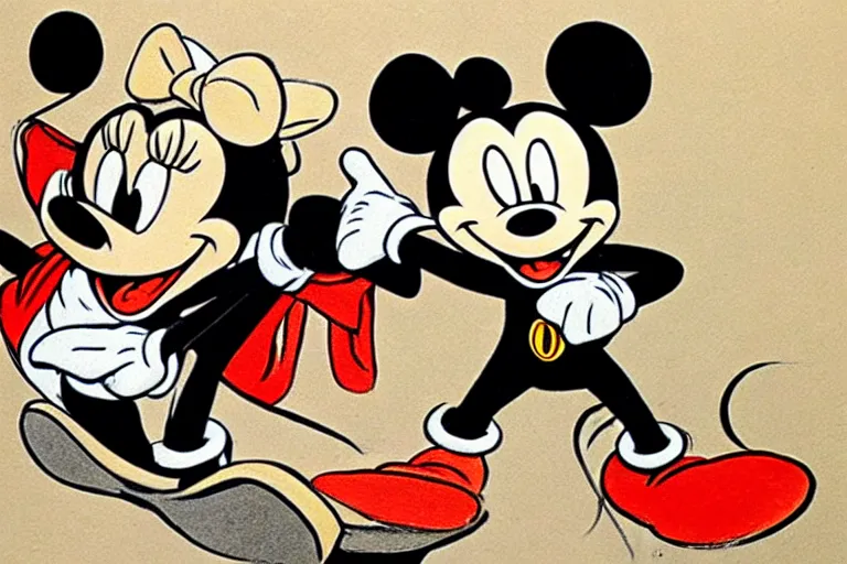 Image similar to courtroom sketch of vintage disney character mickey mouse presenting evidence of copyright infringement to the judge