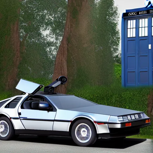 Prompt: of a DeLorean parked in front of Dr.who's Tardis 4k photorealism ultra high quality