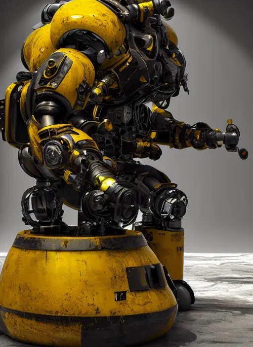 Image similar to a photorealistic dramatic hyperrealistic render of a exosuit deep sea submersible, ultra realistic details, glossy yellow, well worn, rust, oil stains by vitaly bulgarov and mike nash, beautiful dramatic dark moody tones and lighting, cinematic atmosphere, studio lighting, global illumination, shadows, dark background, octane render, 8 k