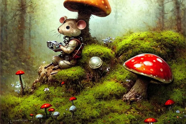 Image similar to adventurer ( ( ( ( ( 1 9 5 0 s retro future robot android mouse in forrest of giant mushrooms, moss and flowers stone bridge. muted colors. ) ) ) ) ) by jean baptiste monge!!!!!!!!!!!!!!!!!!!!!!!!! chrome red
