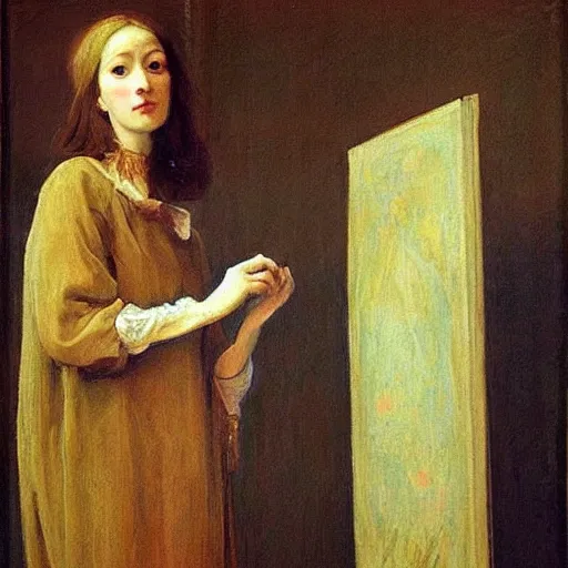 Image similar to standing skinny female artist in the style of realism, renaissance oil painting, tonalism, rococo, manga