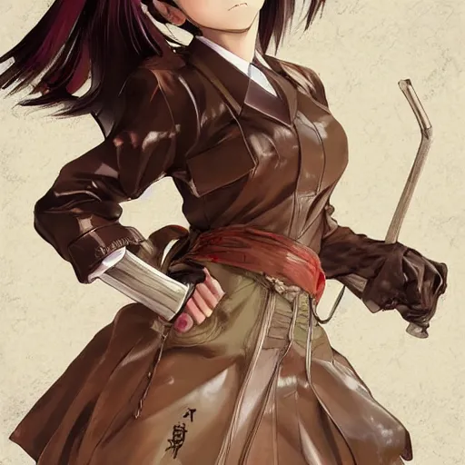 Image similar to portrait of a beautiful! alluring anime woman wearing a 2 0 3 0's stained dirty torn japanese school uniform, gorgeous face, leather bomber jacket, katana scabbard, realistic, hyper detailed, dynamic action poses, concept art, in style of junji ito, hirohiko araki, manga, anime aesthetic