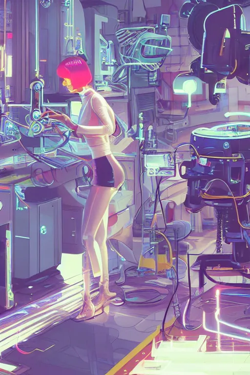 Prompt: closeup of pretty girl working in a small robot repair shop, broken android laying on the ground, chrome reflections, surreal illustration by moebius , Ilya Kuvshinov, dynamic lighting, glowing lights, neons, science fiction