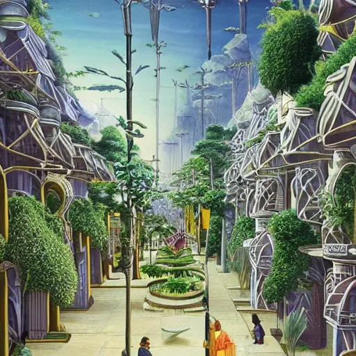 Prompt: scifi advanced city made out of plants and trees streets, modern architecture, by marianne north, by michael parkes, concept art