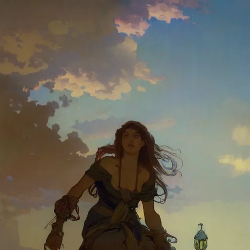 Image similar to Concept art, the sky at dusk, 8k, alphonse mucha, james gurney, greg rutkowski, john howe, artstation