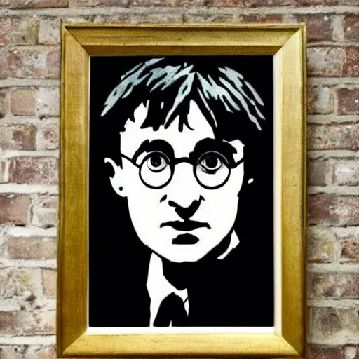 Prompt: individual harry potter silk screen portrait banksy style