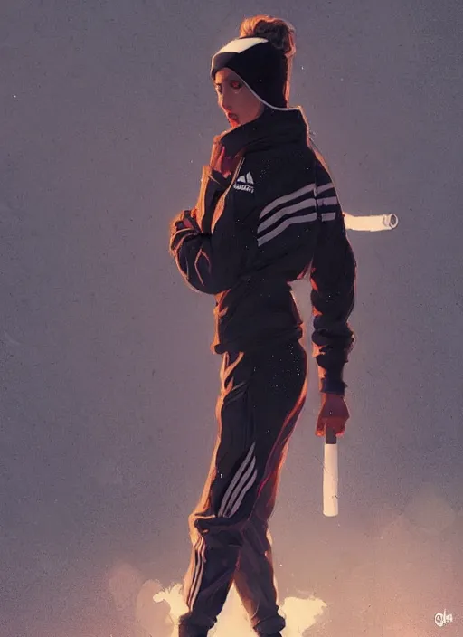 Prompt: russian slav heroine wearing an addidas tracksuit a cigarette in hand. by greg rutkowski and wlop, detailed, cinematic, artstation, 8 k, intricate, rule of thirds.