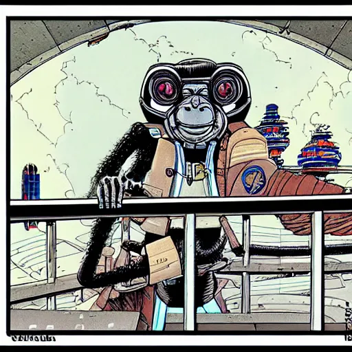 Prompt: a cyberpunk monkey in a spaceport by jean giraud