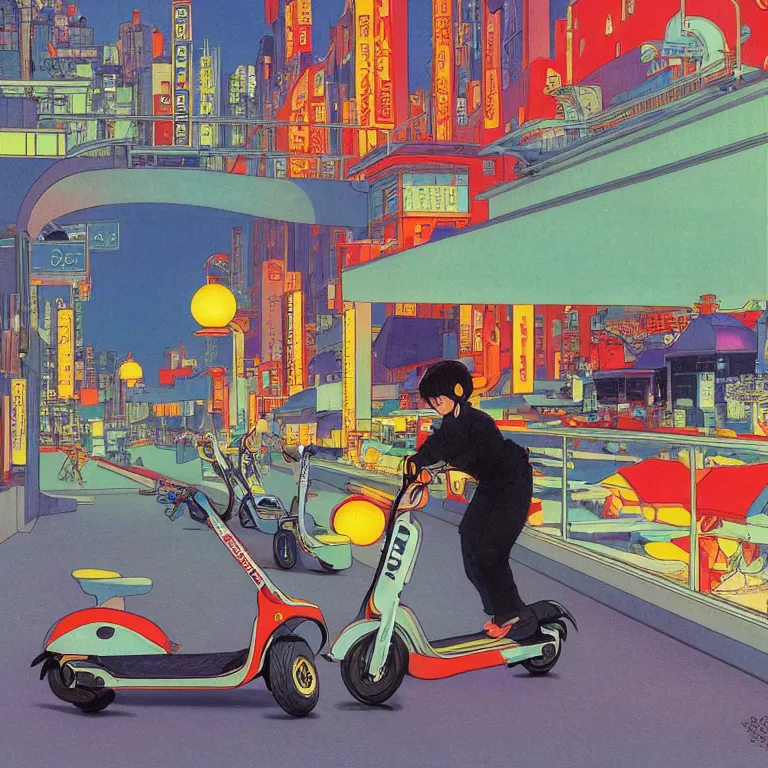 Image similar to electric scooters that fly over ice, acid and dreaming psychedelic hallucinations, by kawase hasui, moebius and edward hopper, colorful flat surreal design, hd, 8 k, artstation