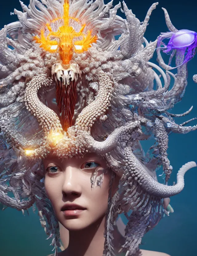 Image similar to render of goddess macro close - up portrait with crown made of phoenix ram skull. betta fish, jellyfish phoenix, bioluminiscent, plasma, ice, water, wind, creature, super intricate ornaments artwork by tooth wu and wlop and beeple and greg rutkowski