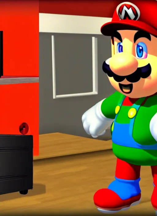 Image similar to screenshot of nintendo 64 game with mike stoklasa character, talking vhs character in background, polygonal, mario 64 inspired